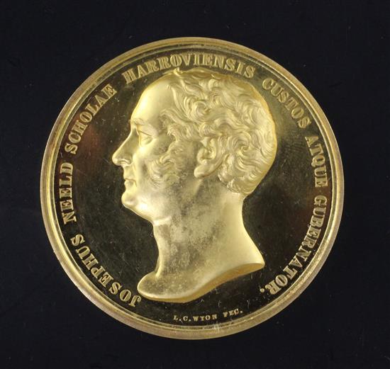 A cased 1920s Harrovian Joseph Neeld 18ct gold prize medal, awarded to B.A. Maples, 1924, 45mm.